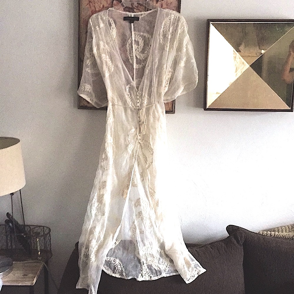 BOHO IVORY EMBROIDERED LONG KIMONO DRESS SHEER ADJUSTABLE KAFTAN S M L - Picture 2 of 12